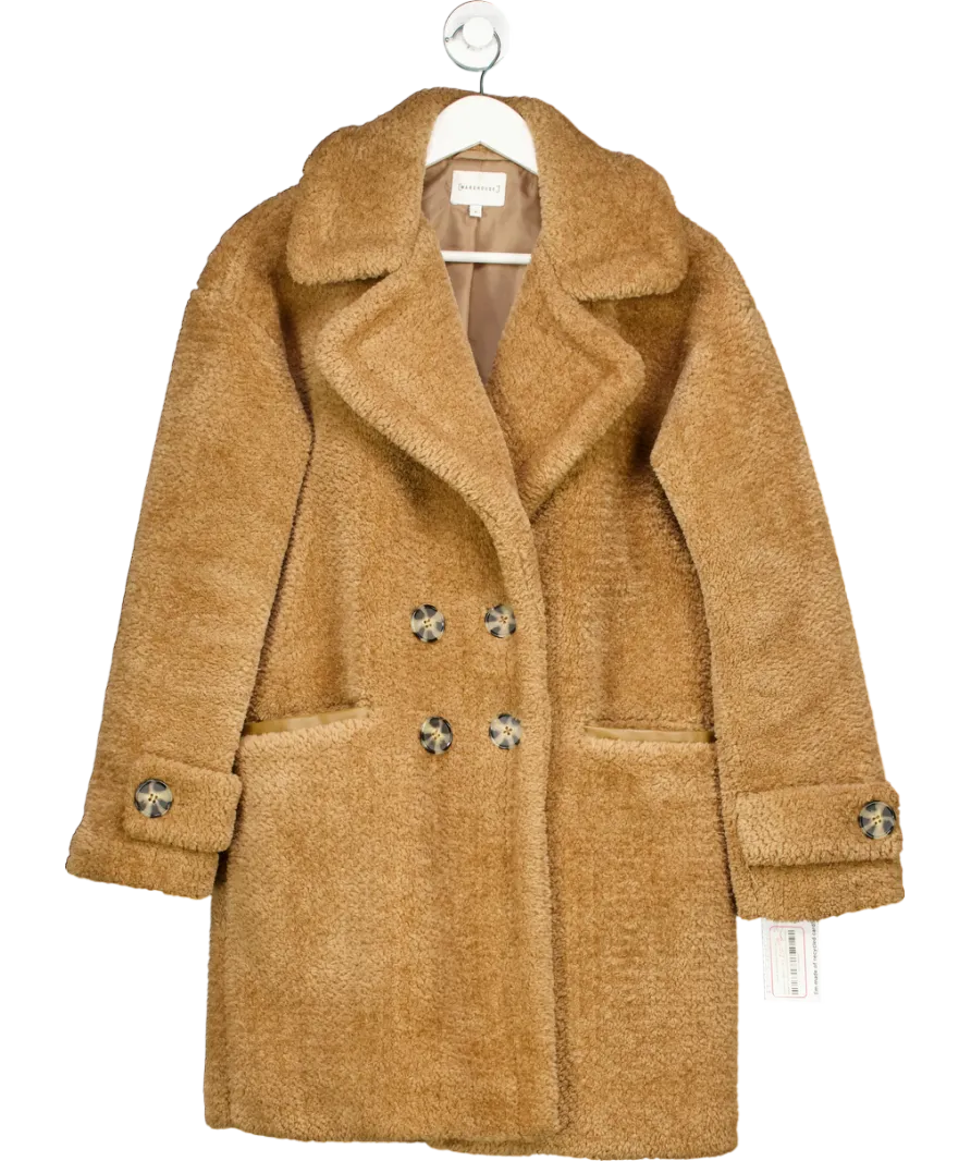Warehouse Brown Double Breasted Midi Teddy Coat UK 8